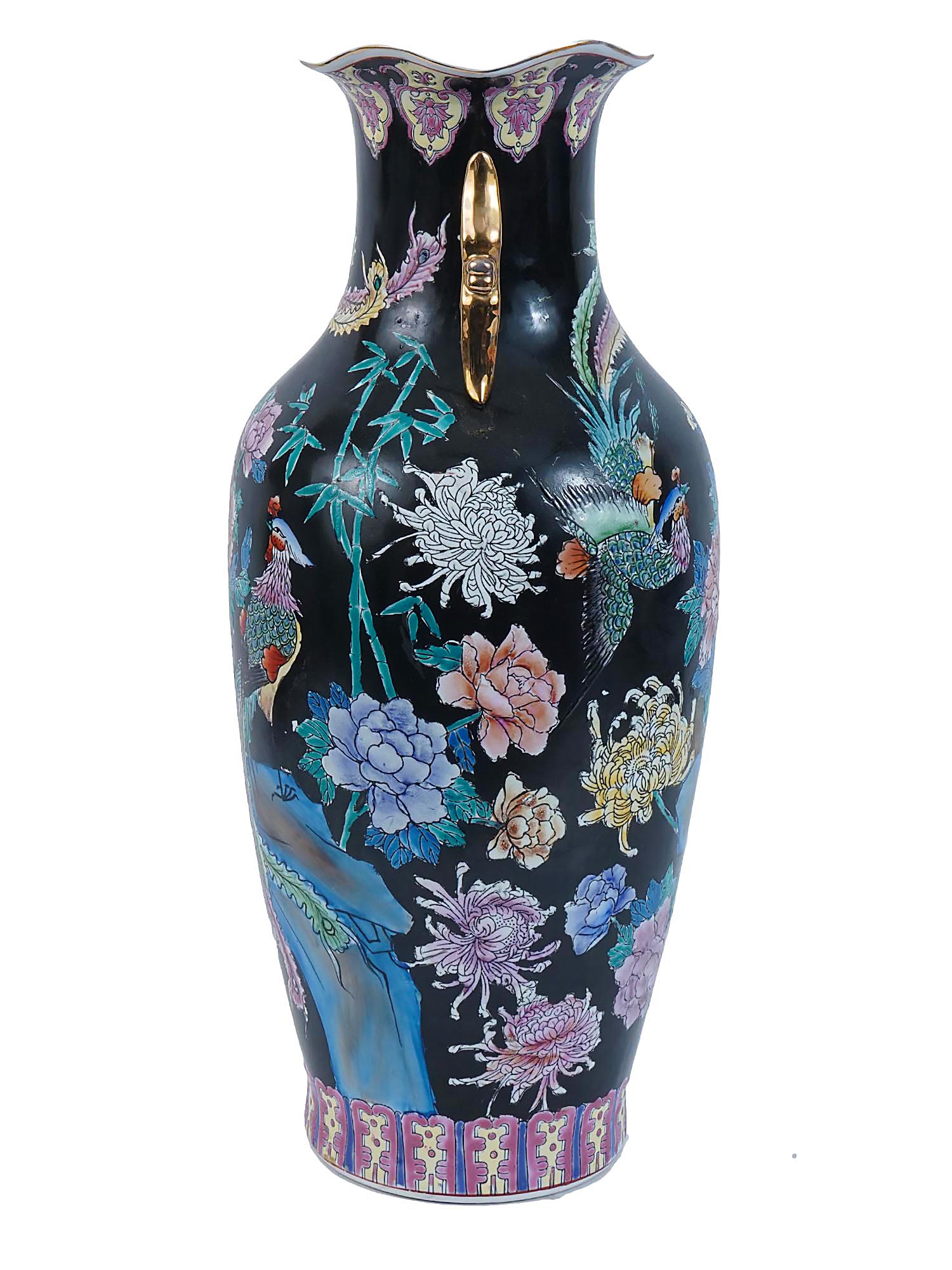 CHINESE TALL BLACK PORCELAIN VASE WITH PEACOCKS PIC-1